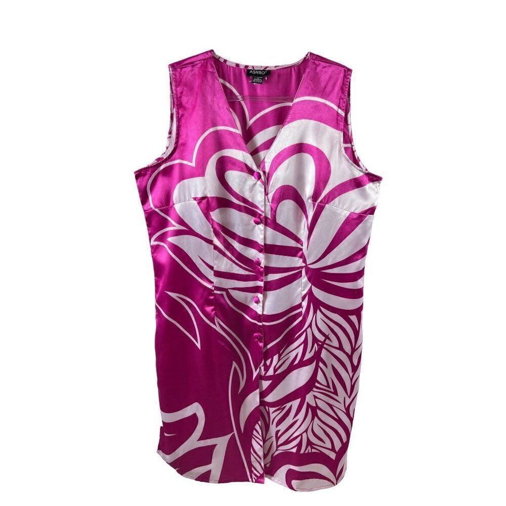Ashro Floral Satin Button Up Sleeveless Duster Top Size 1X Magenta Longline